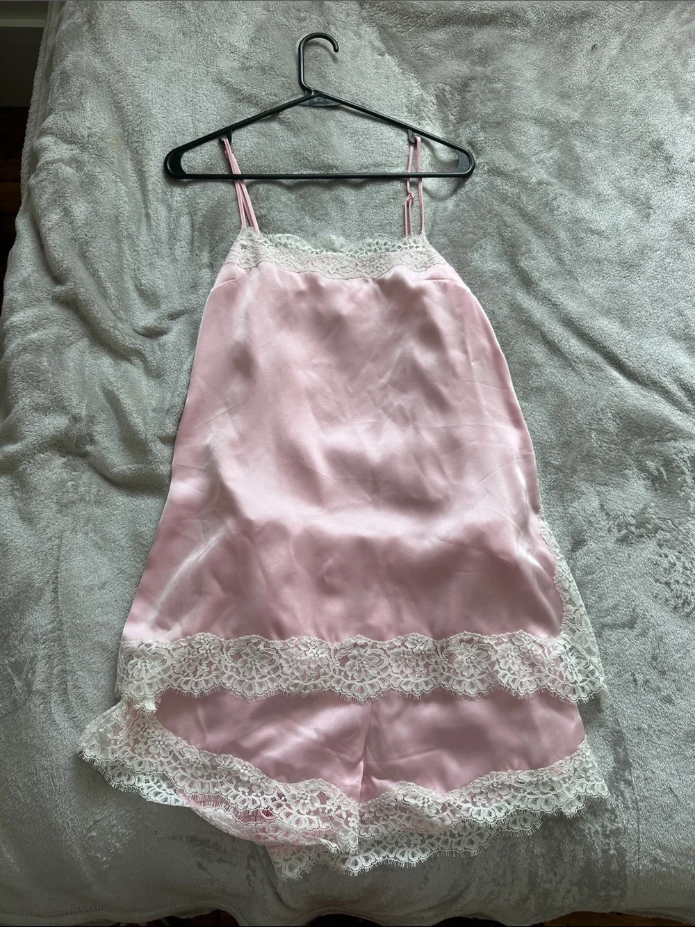 Aritzia Pale Pink Satin Cami & Shorts Set with Cream Lace Trim